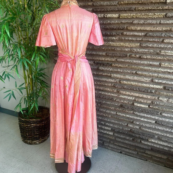 Vintage Handmade Ethnic Mid Eastern Salmon Pink Gold Maxi Dress Flutter Sleeves - Picture 10 of 12